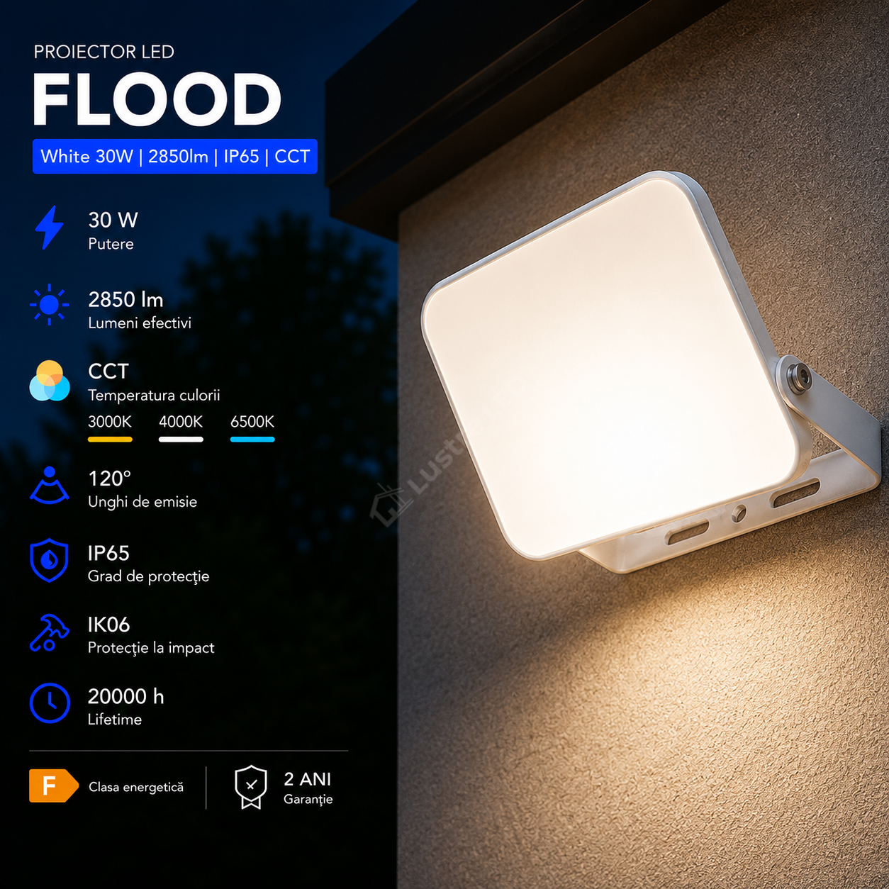 Proiector LED FLOOD White 30W 2850lm IP65 CCT