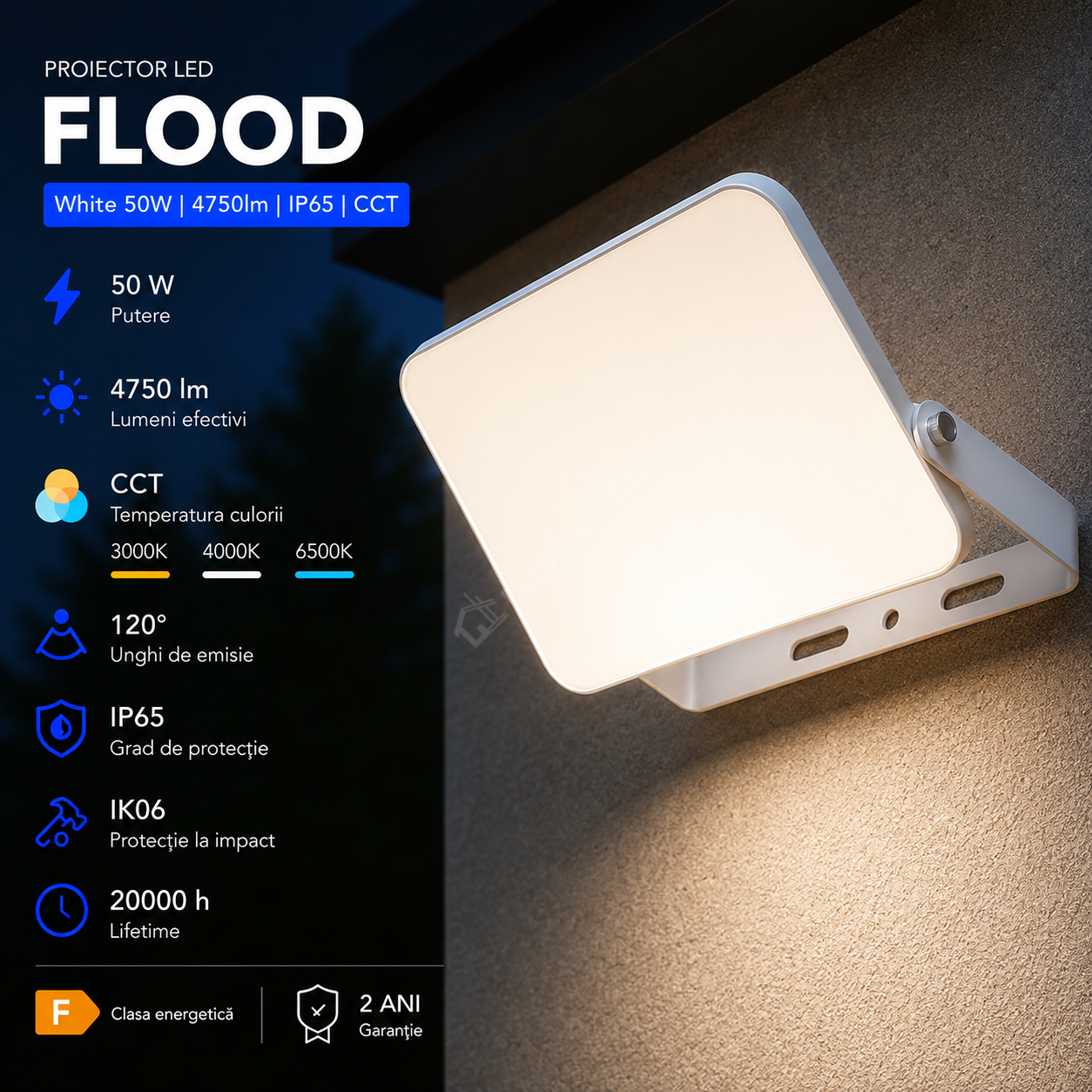 Proiector LED FLOOD White 50W 4750lm IP65 CCT