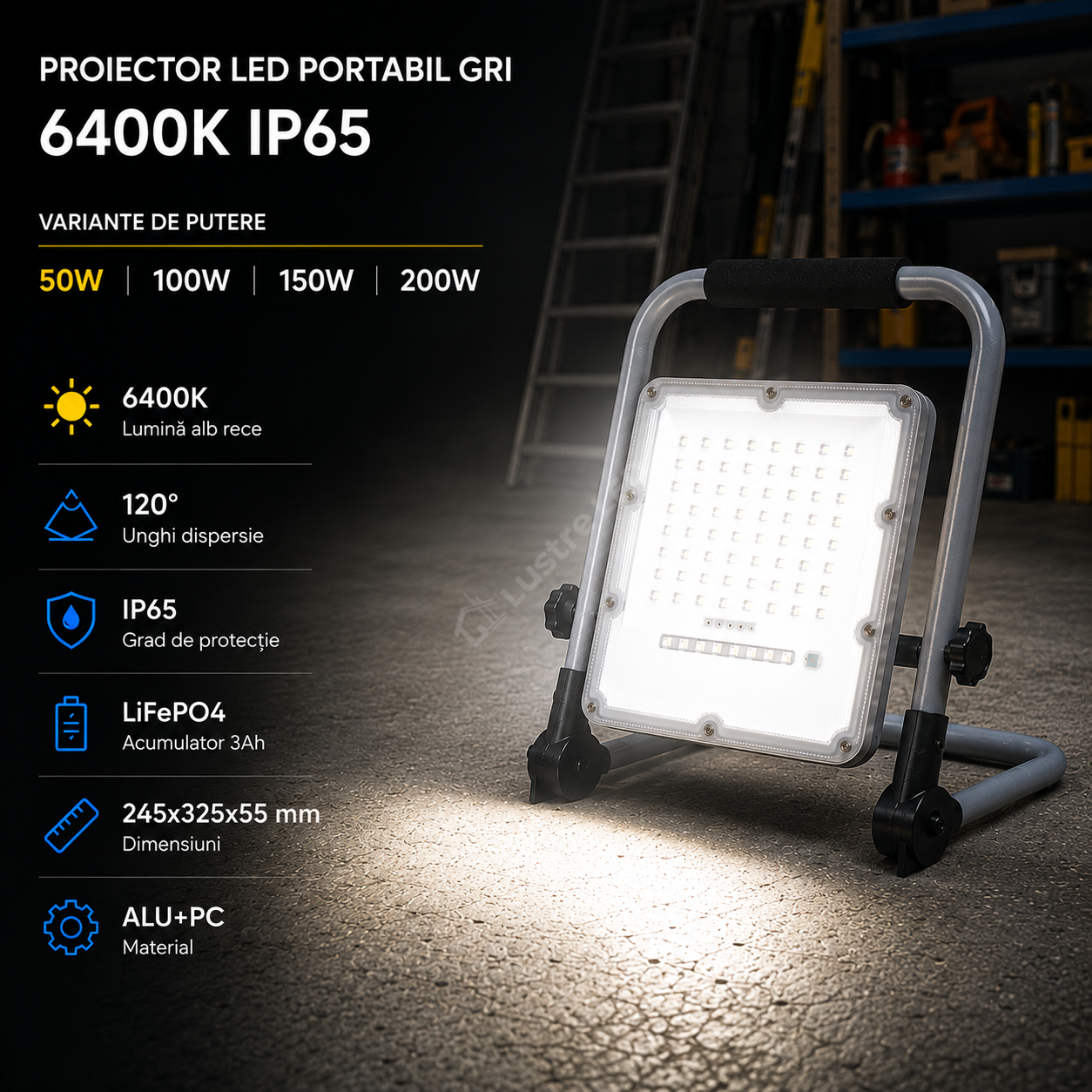 Proiector LED Portabil Gri 6400K IP65