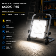 Proiector LED Portabil Gri 6400K IP65