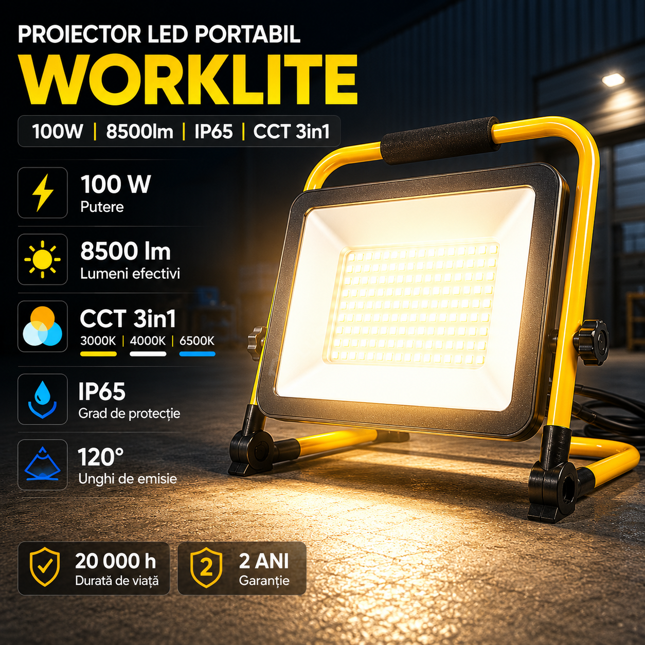 Proiector LED Portabil WORKLITE 100W 9500lm IP65 CCT