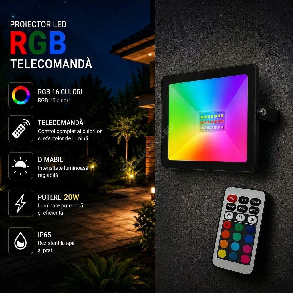Proiector LED RGB Black 20W IP65, Dimabil cu Telecomanda