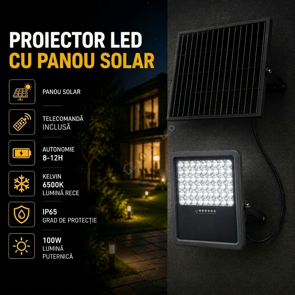 Proiector LED SMD 100W Premium cu Panou Solar si Telecomanda 6500K