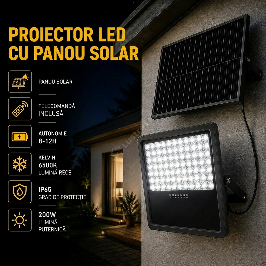 Proiector LED SMD 200W Premium cu Panou Solar si Telecomanda 6500K