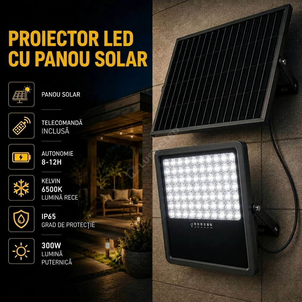 Proiector LED SMD 300W Premium cu Panou Solar si Telecomanda 6500K