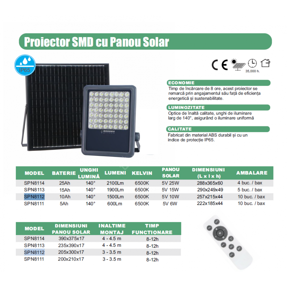 Proiector LED SMD 300W Premium cu Panou Solar si Telecomanda 6500K