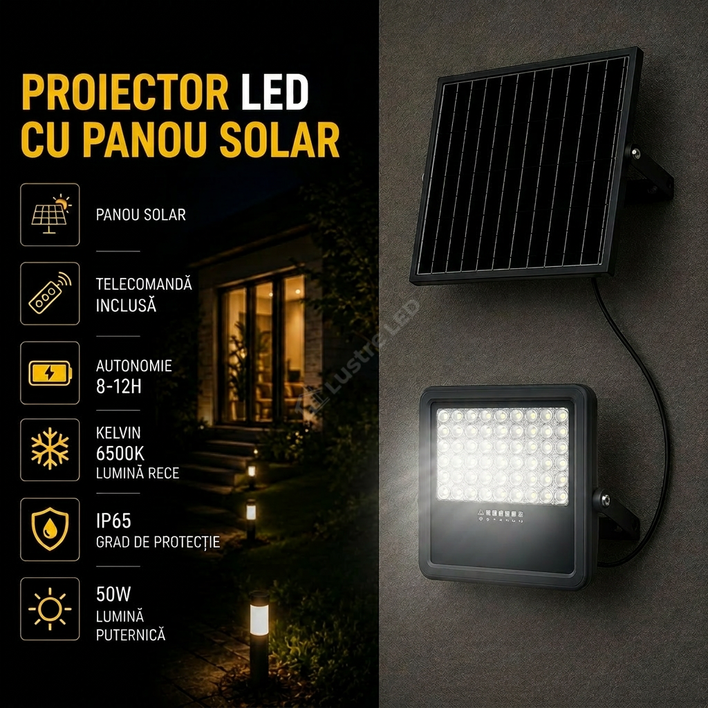Proiector LED SMD 50W Premium cu Panou Solar si Telecomanda 6500K