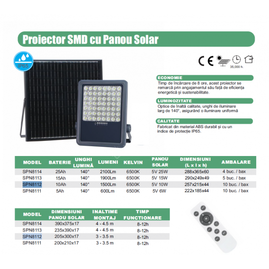 Proiector LED SMD 50W Premium cu Panou Solar si Telecomanda 6500K