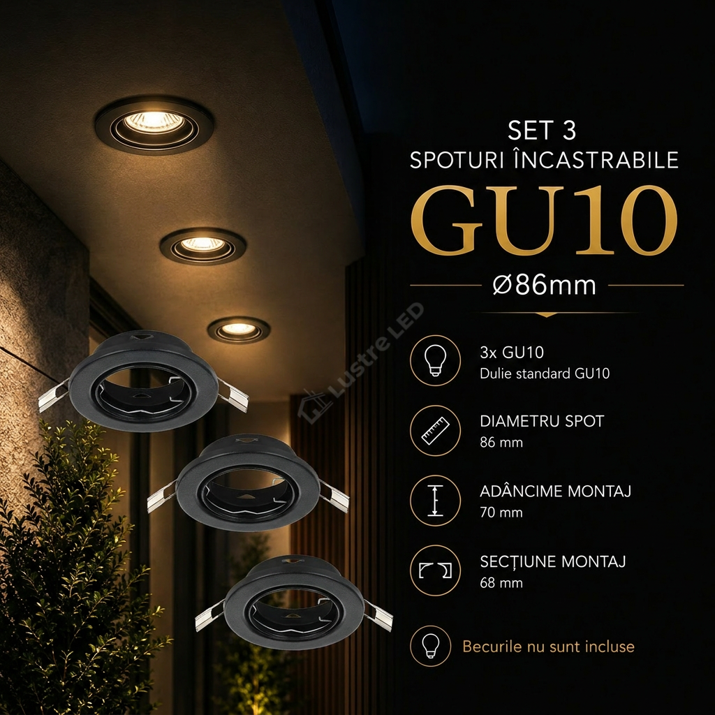 Set 3 Spoturi Agulo EGLO / Rotund / Negru / ⌀86mm / Incastrabil