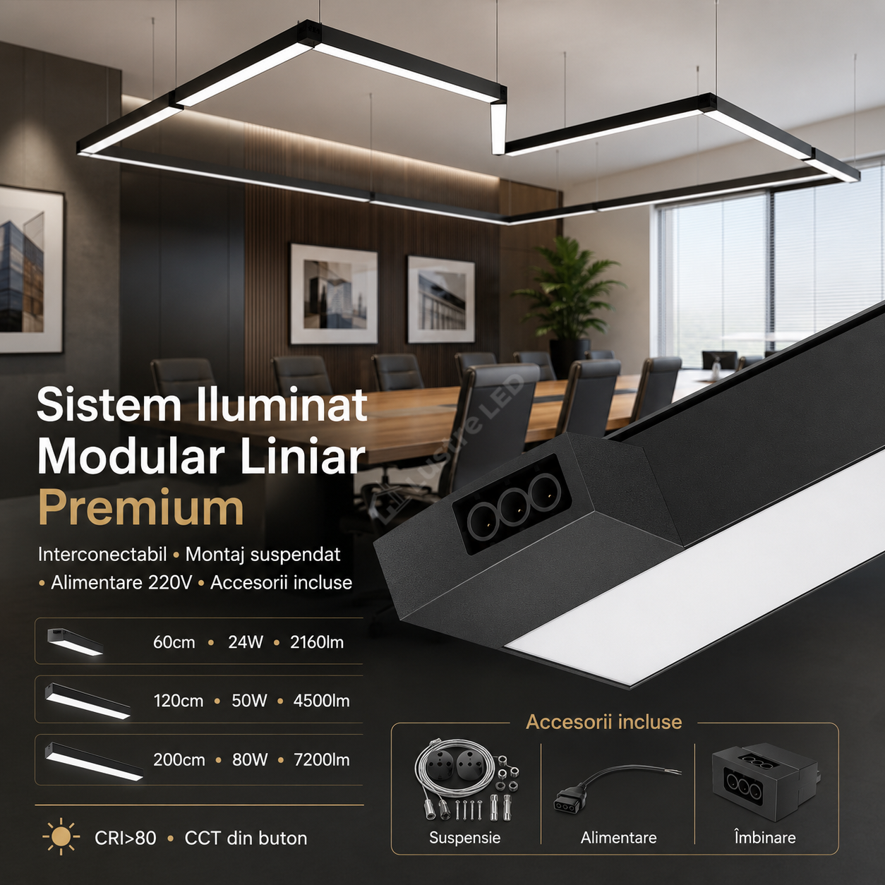 Sistem Iluminat Modular Liniar Premium 24W, 50W, 80W CCT