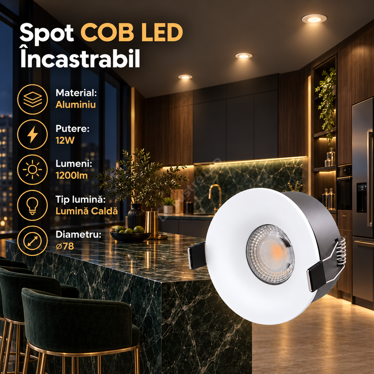 Spot COB LED 12W Rotund Alb / ⌀78mm / Incastrabil / Lumina Calda