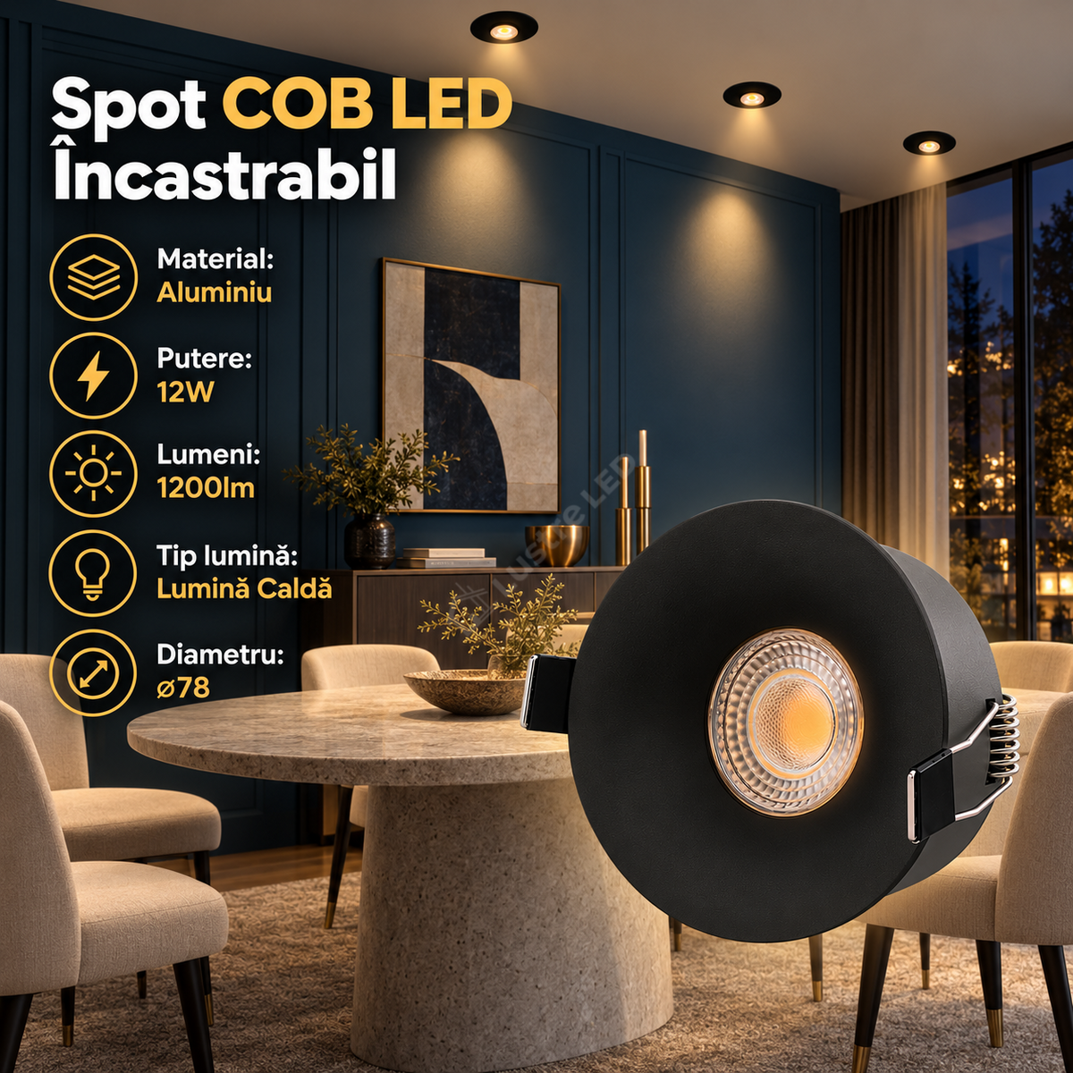 Spot COB LED 12W Rotund Negru / ⌀78mm / Incastrabil / Lumina Calda