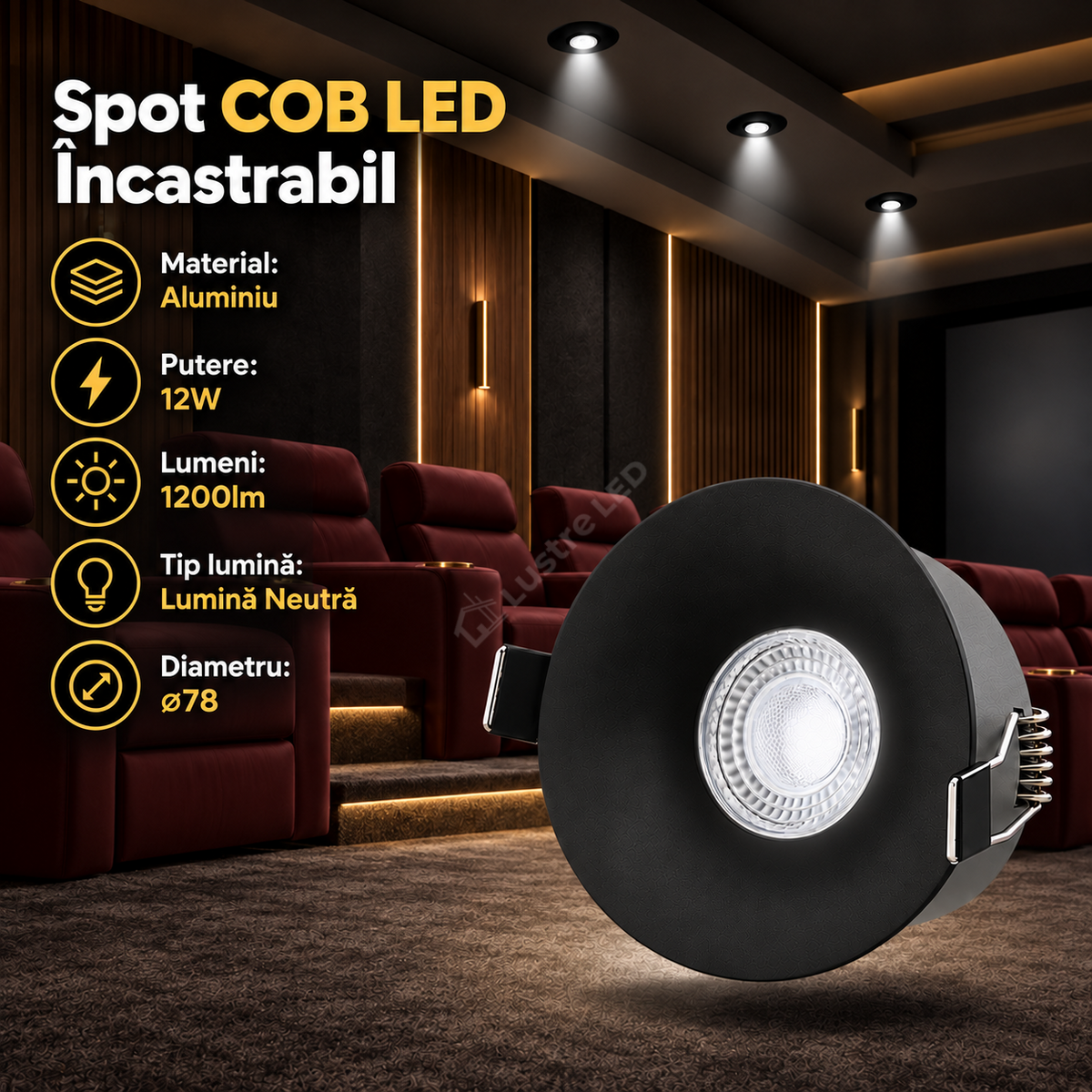 Spot COB LED 12W Rotund Negru / ⌀78mm / Incastrabil / Lumina Neutra