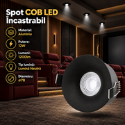 Spot COB LED 12W Rotund Negru / ⌀78mm / Incastrabil / Lumina Neutra