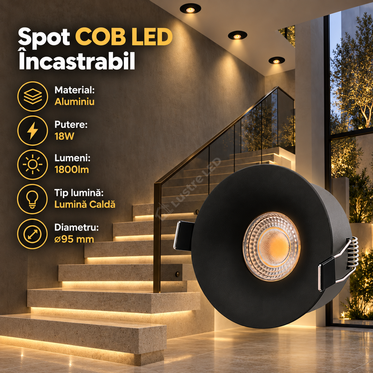 Spot COB LED 18W Rotund Negru / ⌀95mm / Incastrabil / Lumina Calda