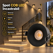 Spot COB LED 18W Rotund Negru / ⌀95mm / Incastrabil / Lumina Calda
