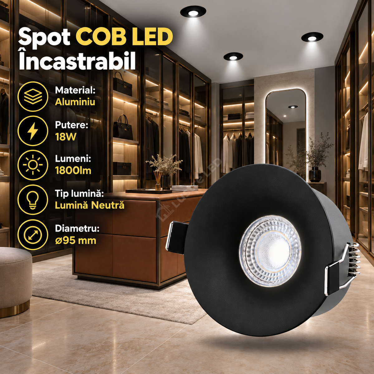 Spot COB LED 18W Rotund Negru / ⌀95mm / Incastrabil / Lumina Neutra
