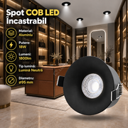 Spot COB LED 18W Rotund Negru / ⌀95mm / Incastrabil / Lumina Neutra