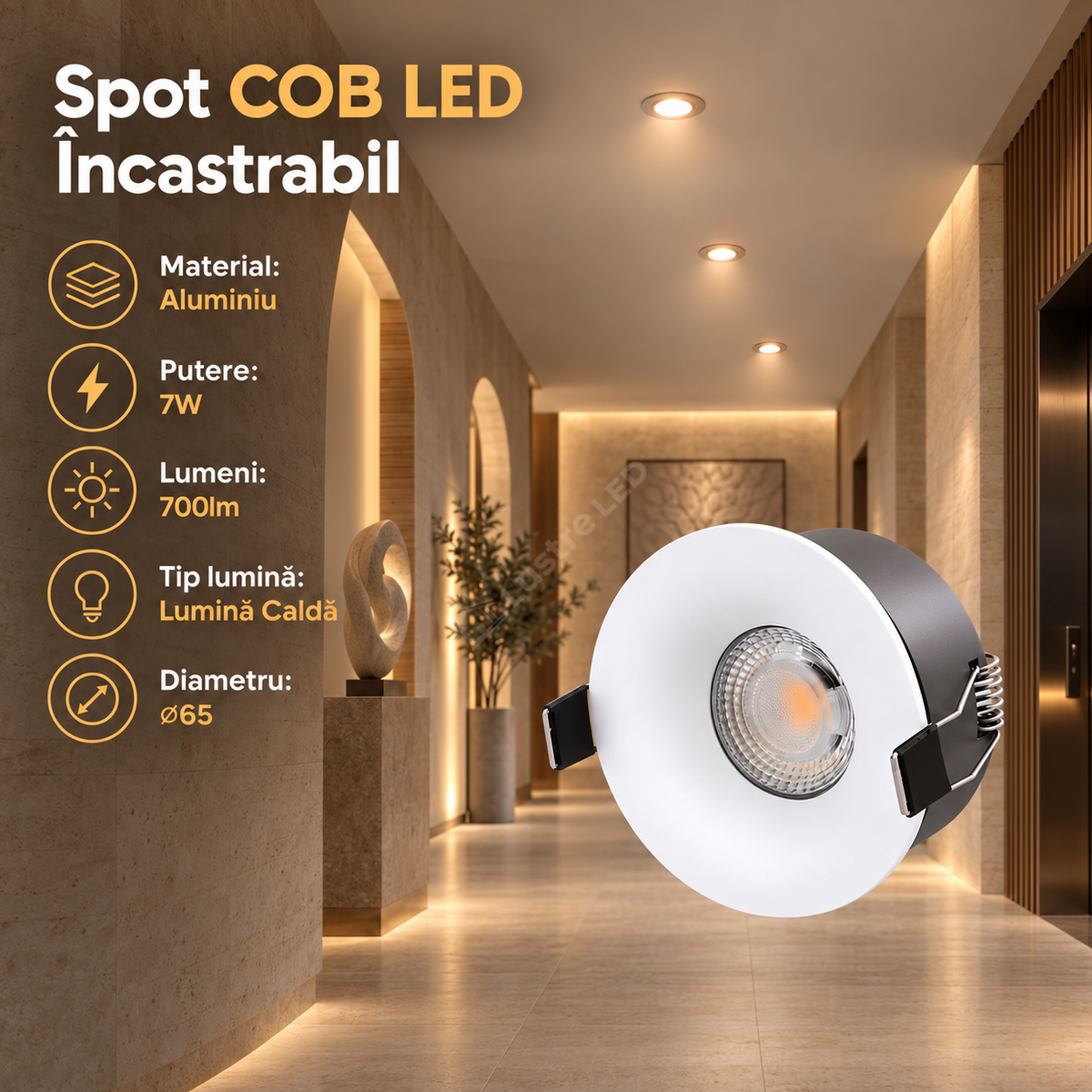 Spot COB LED 7W Rotund Alb / ⌀65mm / Incastrabil / Lumina Calda