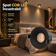 Spot COB LED 7W Rotund Negru / ⌀65mm / Incastrabil / Lumina Calda