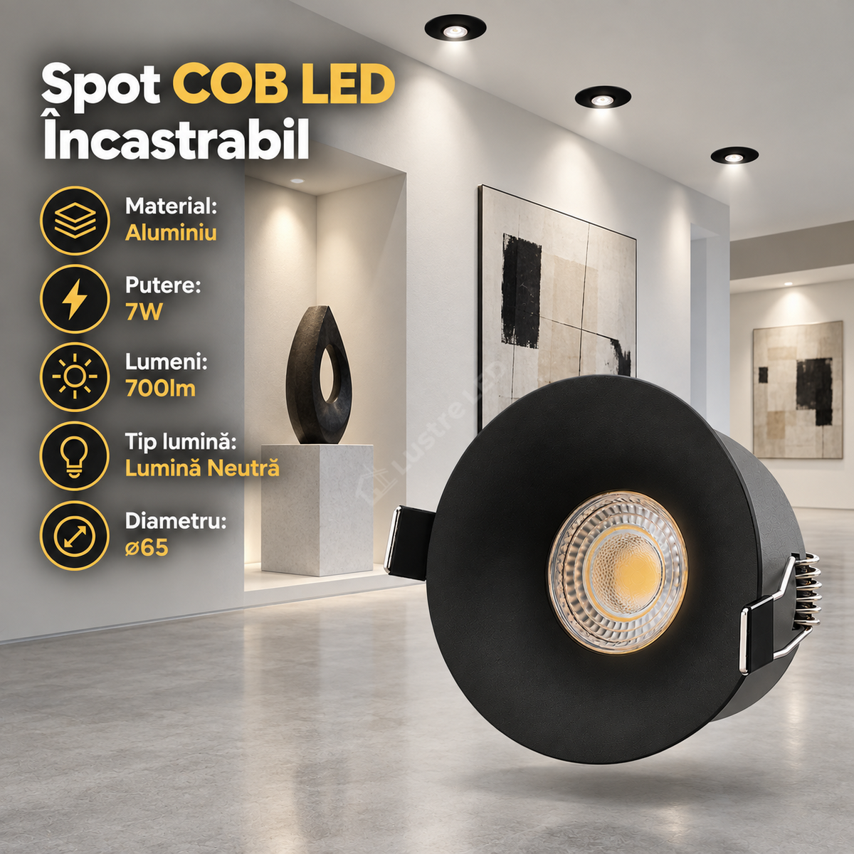 Spot COB LED 7W Rotund Negru / ⌀65mm / Incastrabil / Lumina Neutra
