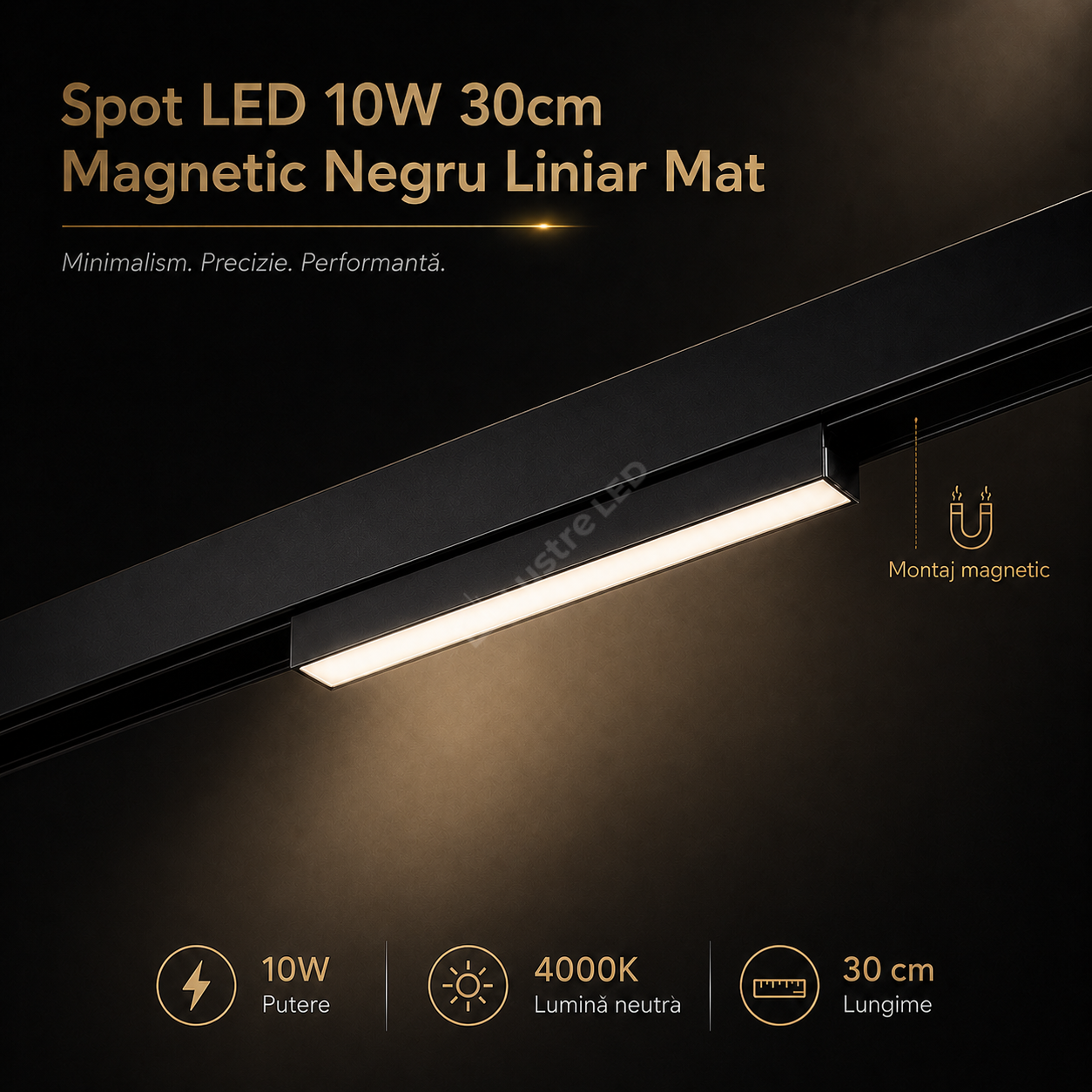 Spot LED 10W 30cm Magnetic Negru Liniar Mat