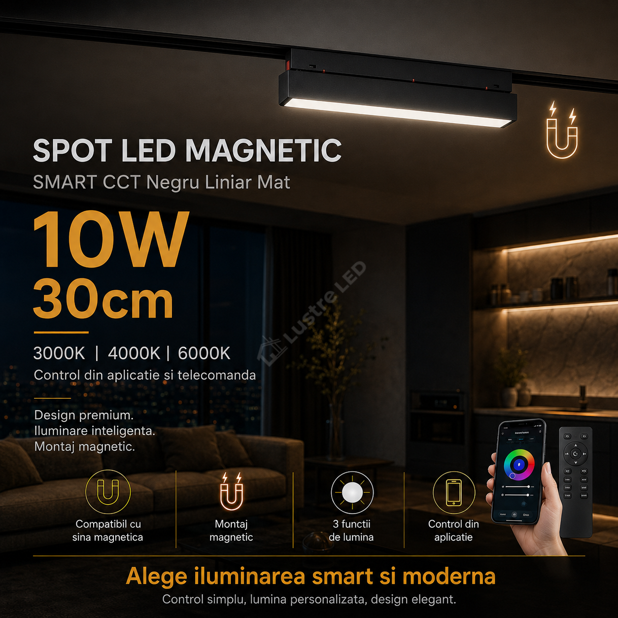 Spot LED 10W 30cm Magnetic SMART CCT Negru Liniar Mat Telecomanda