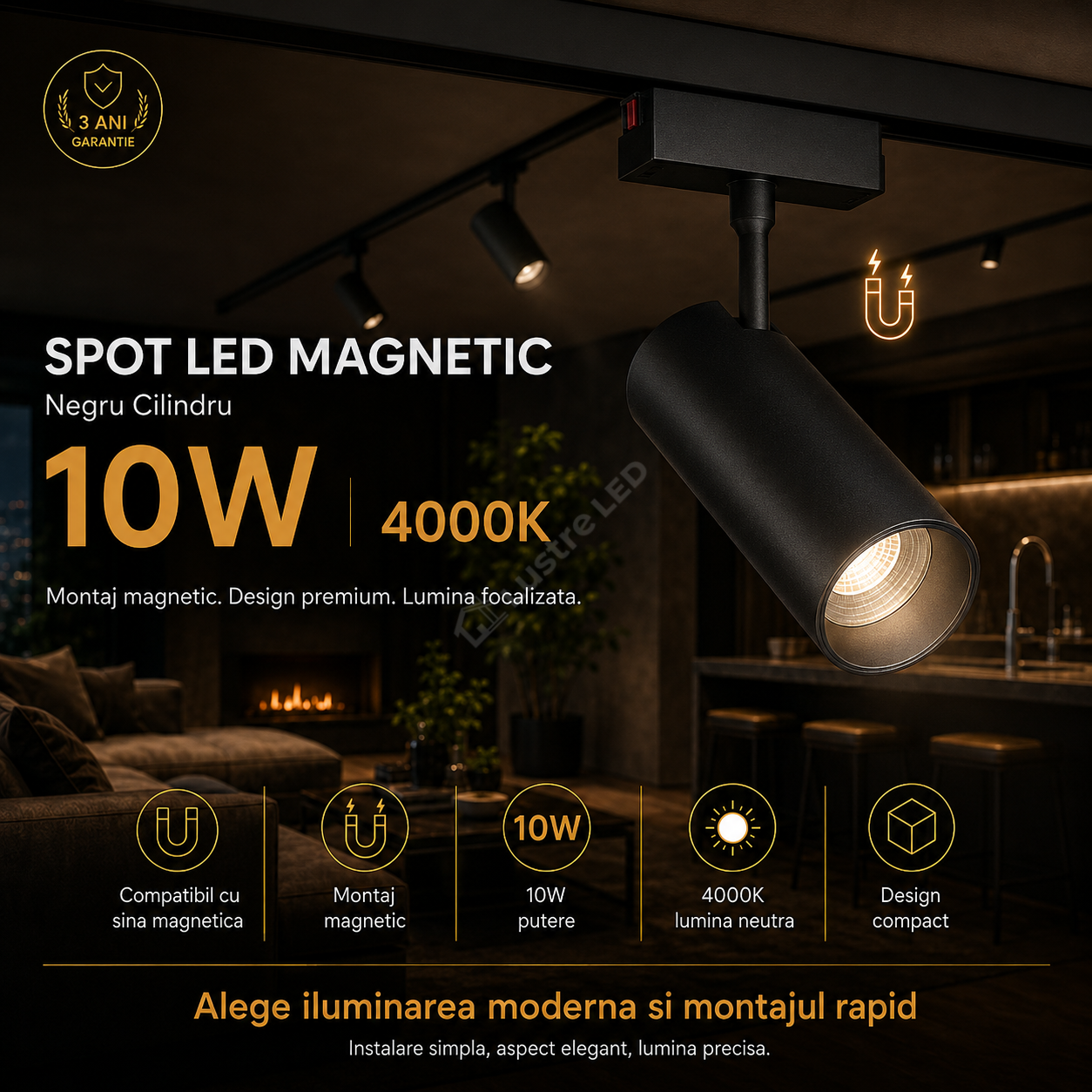 Spot LED 10W Magnetic Negru Cilindru