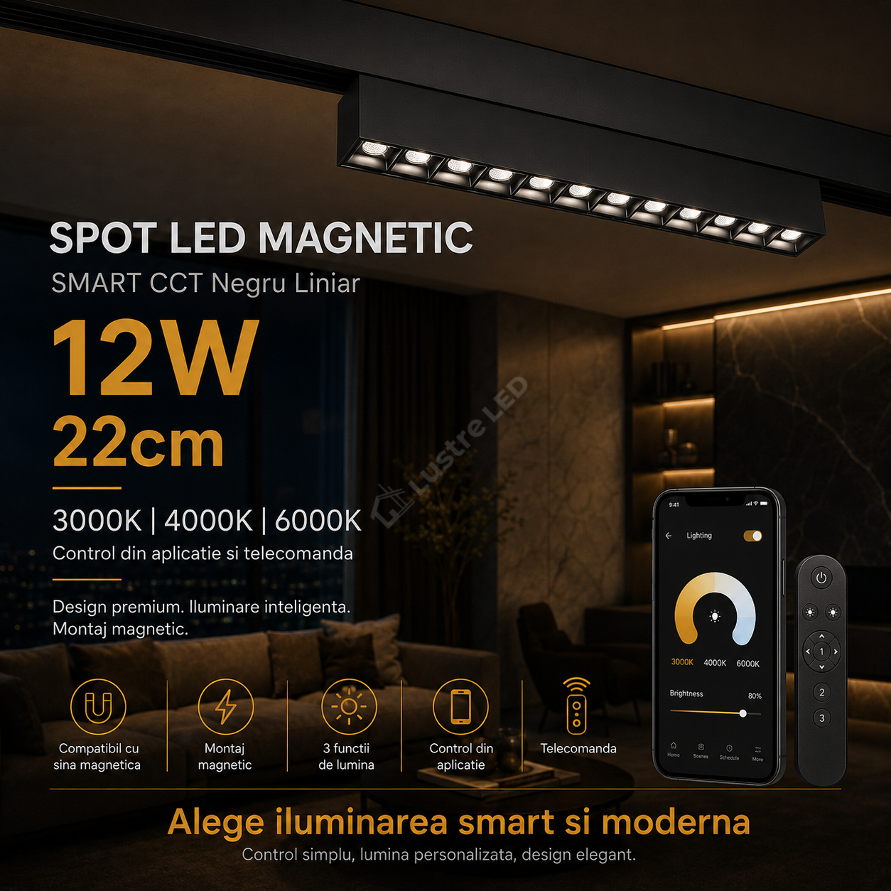 Spot LED 12W 22cm Magnetic Liniar SMART CCT Negru Telecomanda