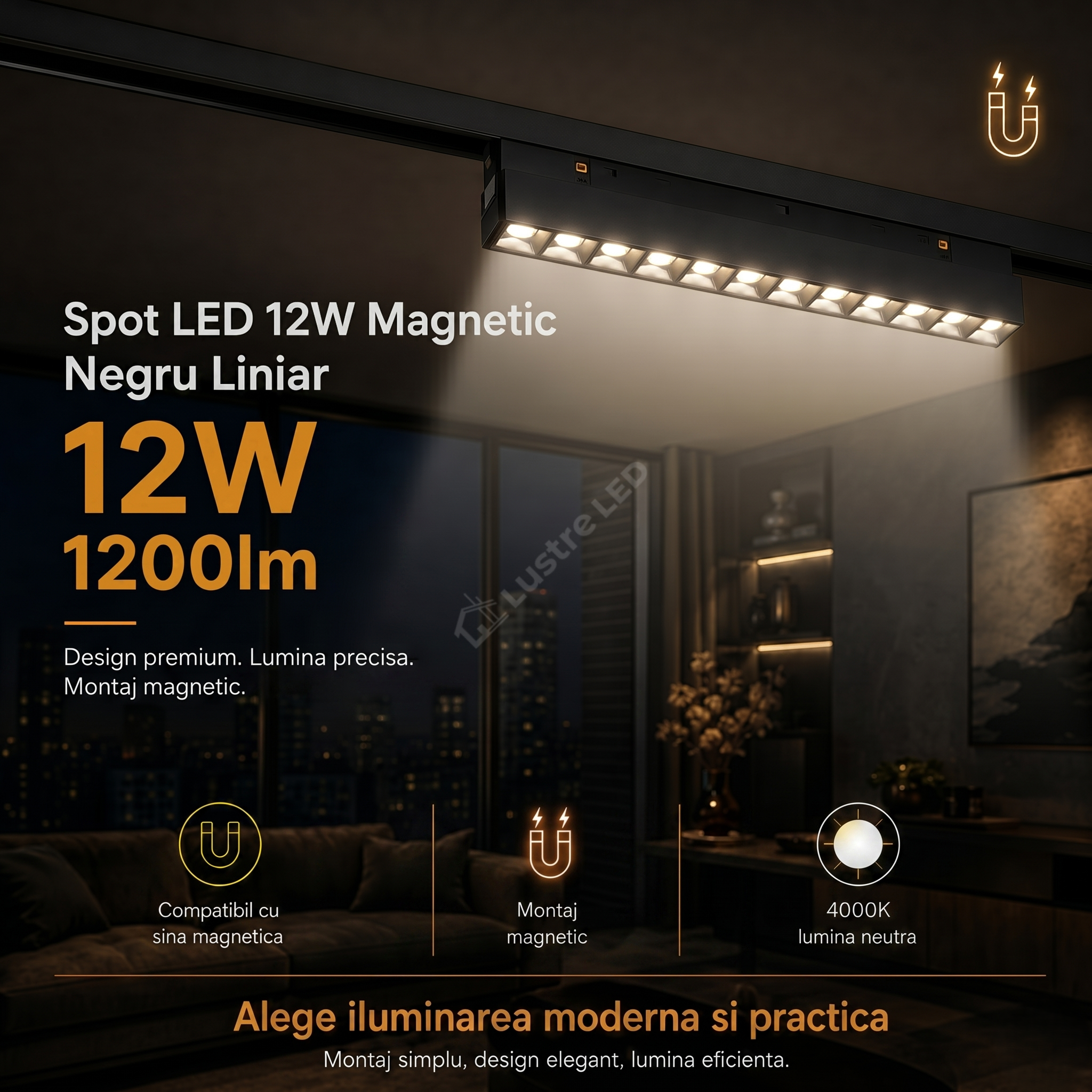 Spot LED 12W Magnetic Negru Liniar