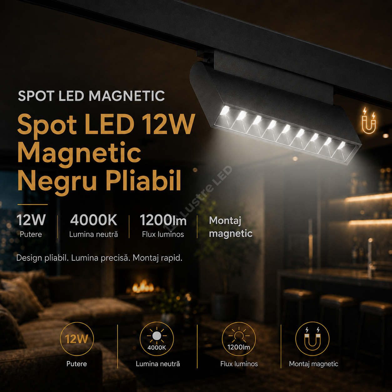 Spot LED 12W Magnetic Negru Pliabil