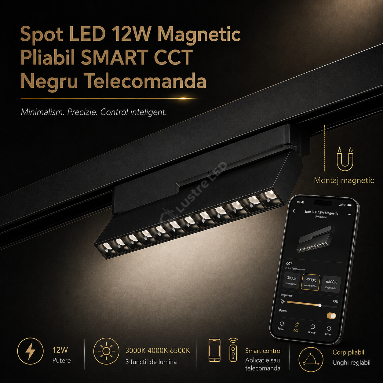 Spot LED 12W Magnetic Pliabil SMART CCT Negru Telecomanda