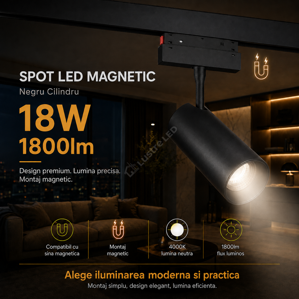 Spot LED 18W Magnetic Negru Cilindru