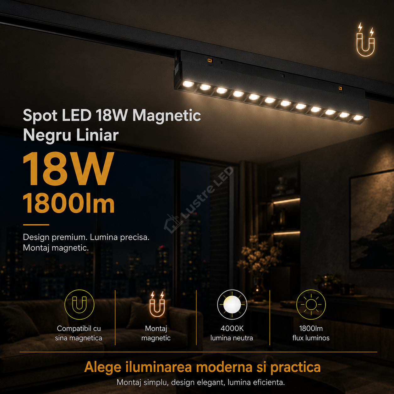 Spot LED 18W Magnetic Negru Liniar