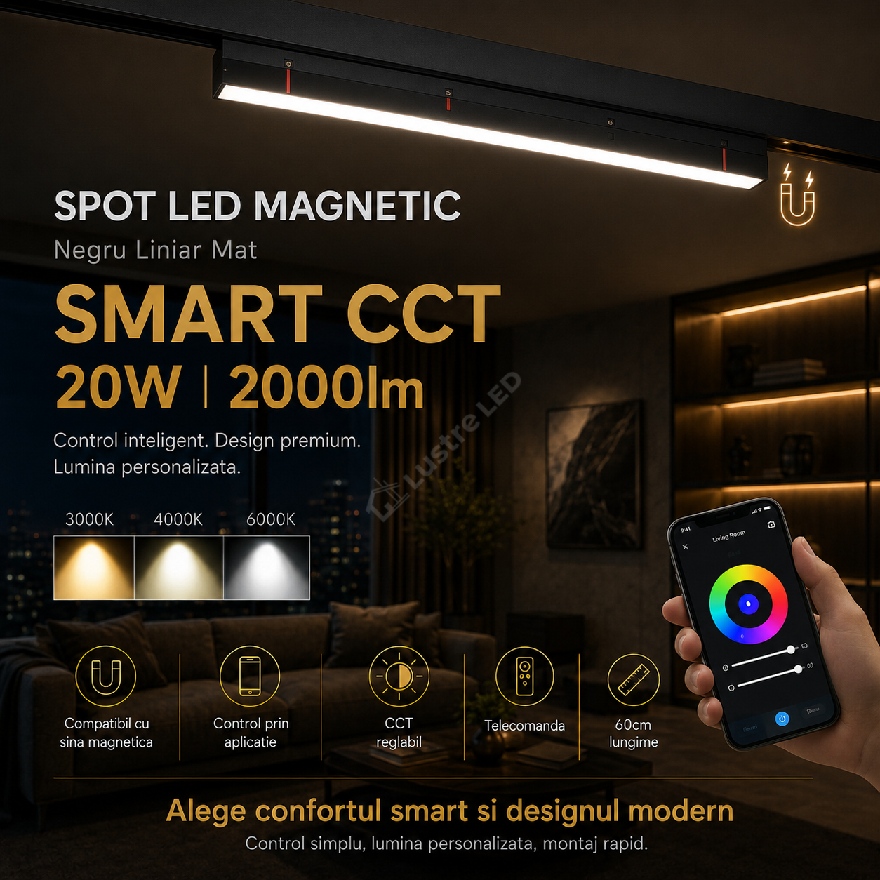 Spot LED 20W 60cm Magnetic SMART CCT Negru Liniar Mat Telecomanda