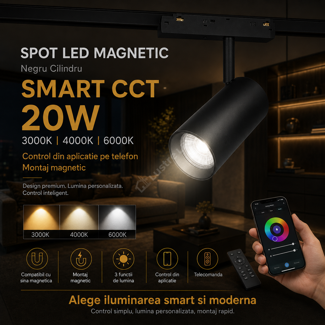 Spot LED 20W Magnetic Cilindru SMART CCT Negru Telecomanda