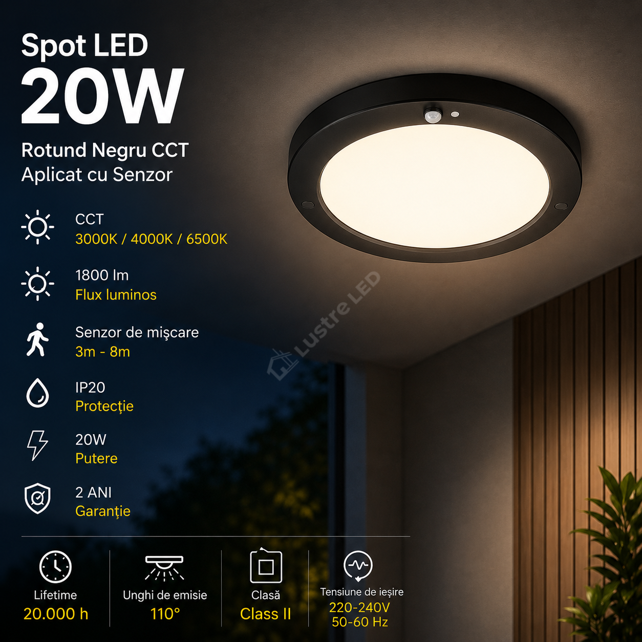 Spot LED 20W Rotund Negru CCT / ⌀220mm / Aplicat cu Senzor