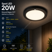 Spot LED 20W Rotund Negru CCT / ⌀220mm / Aplicat cu Senzor
