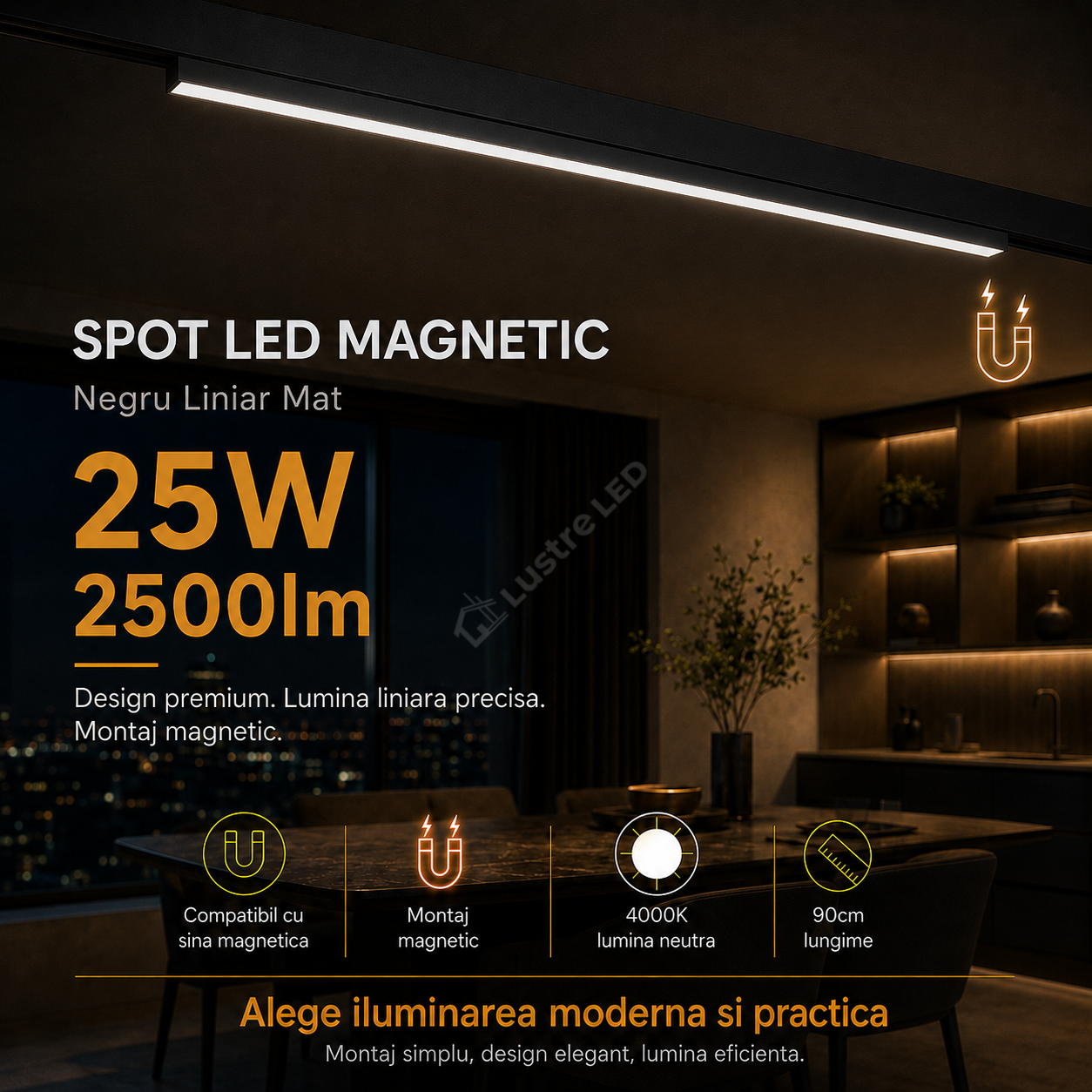 Spot LED 25W 90cm Magnetic Negru Liniar Mat