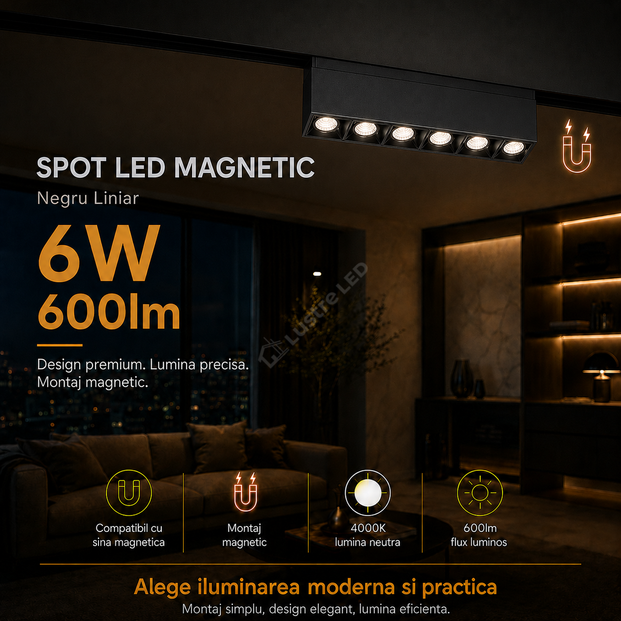 Spot LED 6W Magnetic Negru Liniar