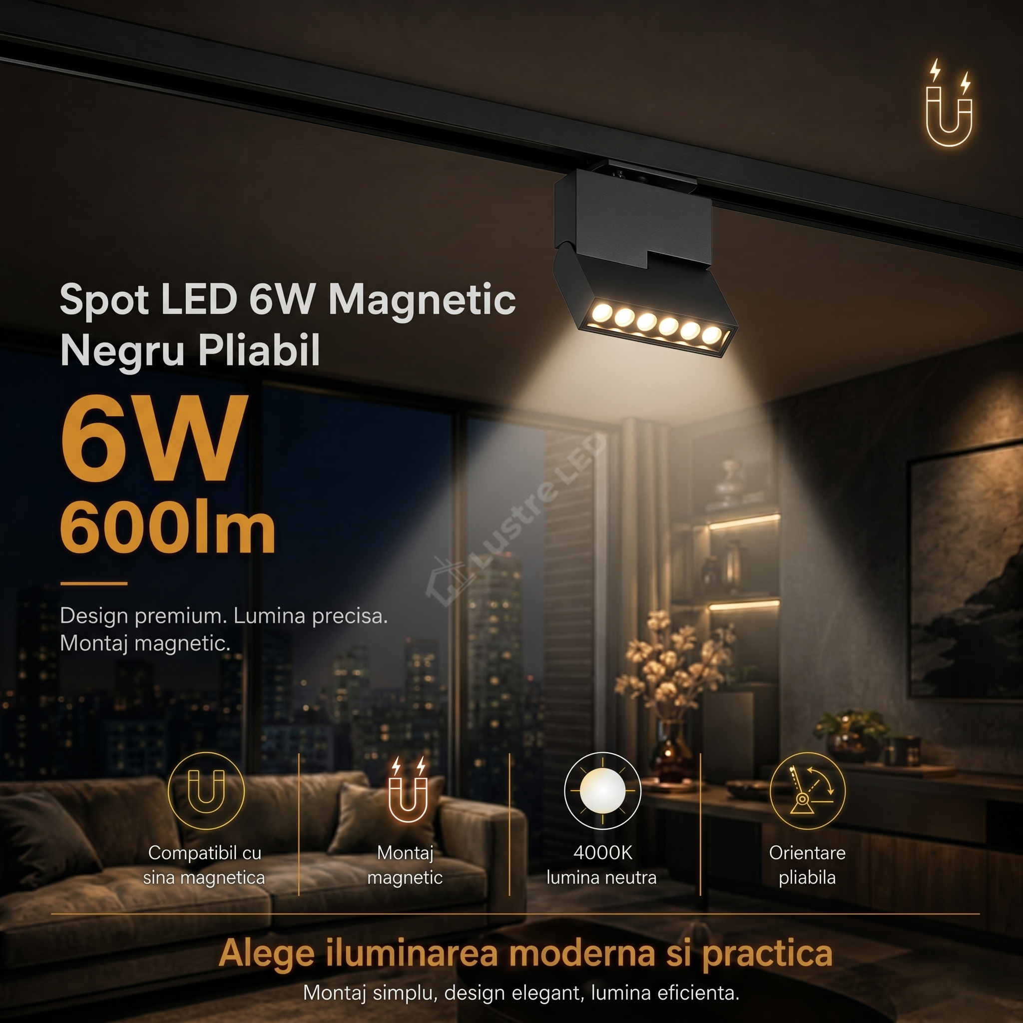 Spot LED 6W Magnetic Negru Pliabil