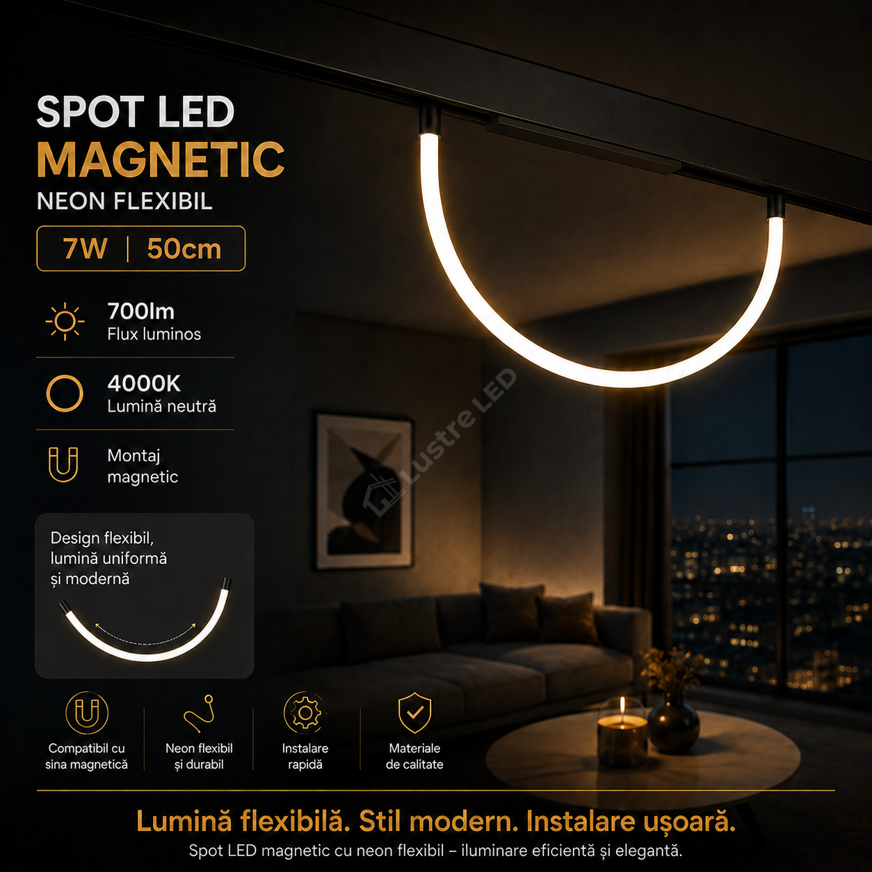 Spot LED 7W 50cm Magnetic Negru Neon Flexibil