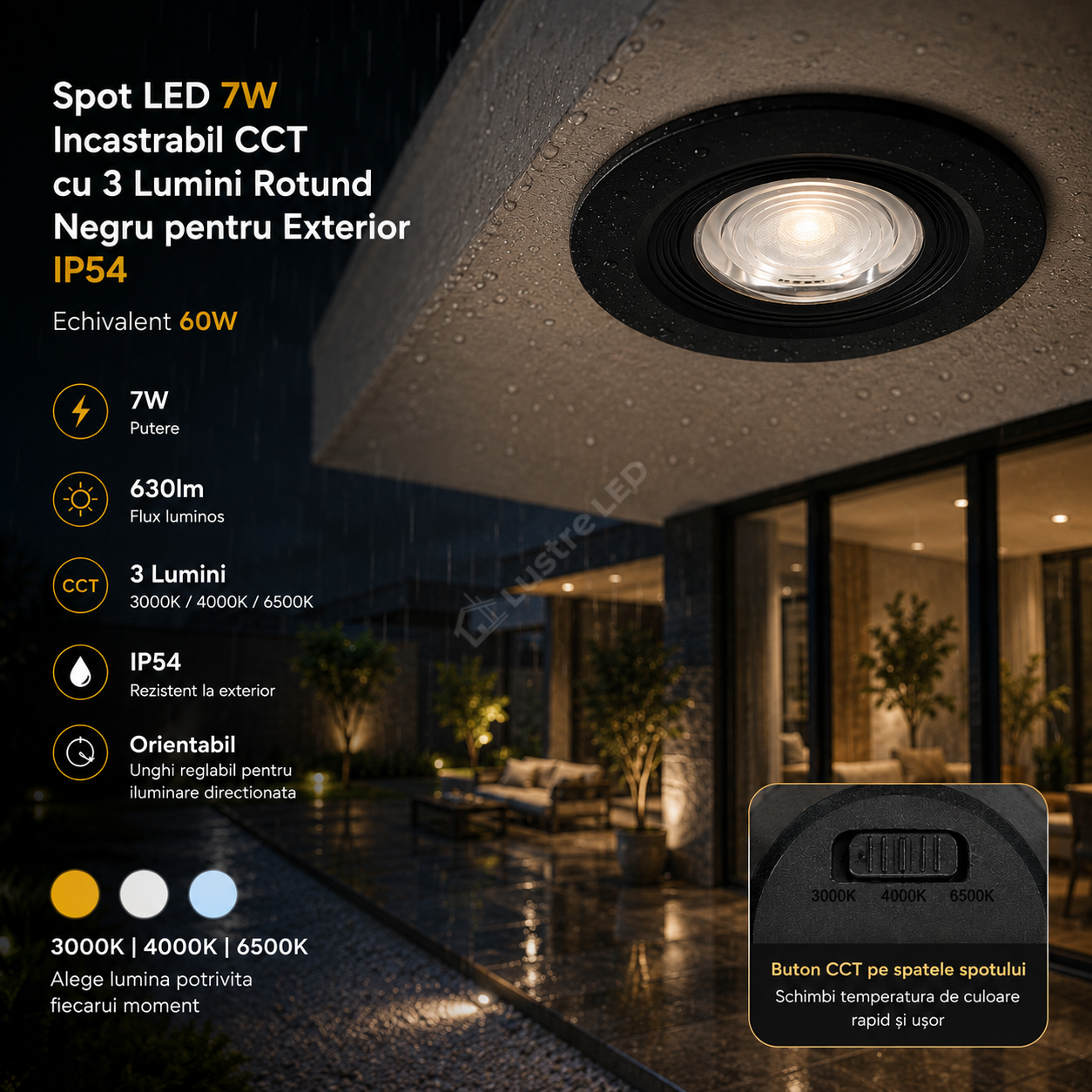 Spot LED 7W Incastrabil CCT cu 3 Lumini Rotund Negru pentru Exterior IP54