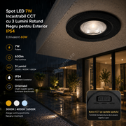 Spot LED 7W Incastrabil CCT cu 3 Lumini Rotund Negru pentru Exterior IP54