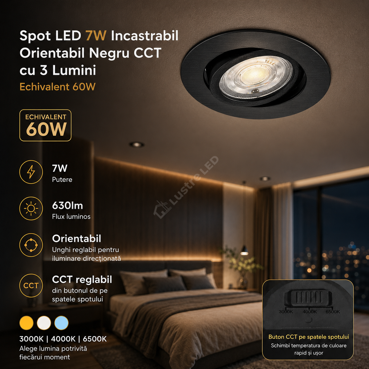 Spot LED 7W Incastrabil Orientabil Negru CCT cu 3 Lumini Echivalent 60W