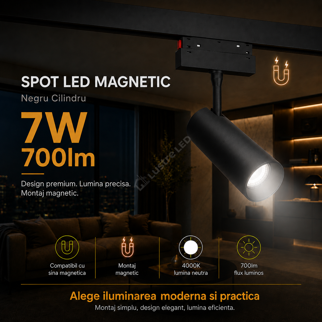Spot LED 7W Magnetic Negru Cilindru
