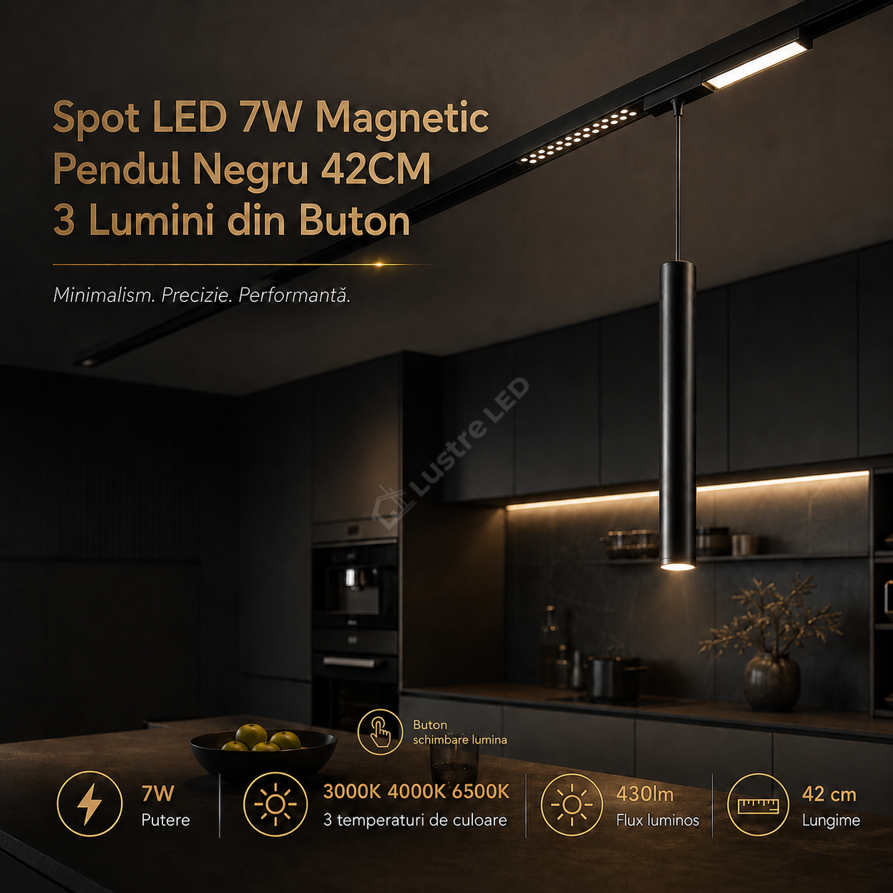 Spot LED 7W Magnetic Pendul Negru 42CM 3 Lumini din Buton