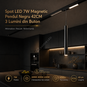 Spot LED 7W Magnetic Pendul Negru 42CM 3 Lumini din Buton