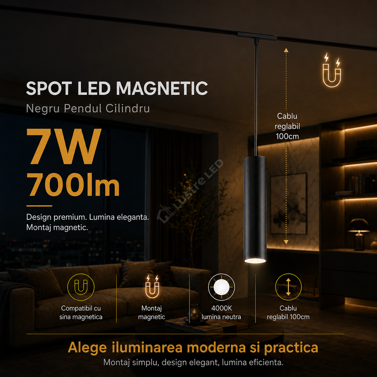 Spot LED 7W Magnetic Pendul Negru Cilindru