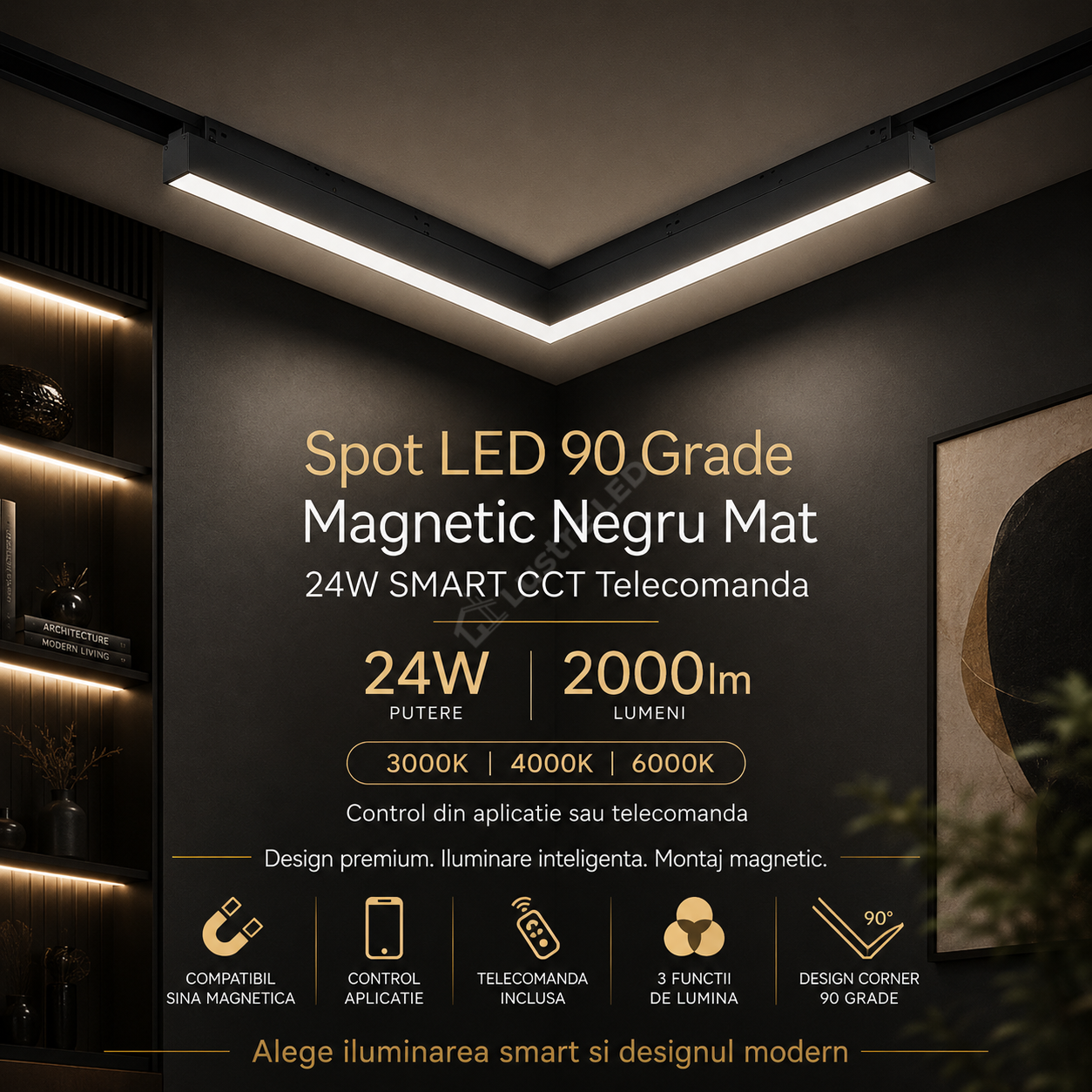 Spot LED 90 Grade Magnetic Negru Mat 24W SMART CCT Telecomanda